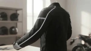 High-visibility reflective piping on a heated motorcycle jacket for safe riding in low-light and nighttime conditions.