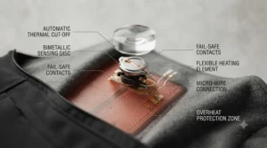 Detailed diagram highlighting the internal bimetallic sensing disc and automatic thermal cut-out safety feature.