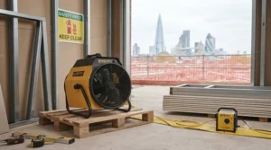 Demonstrating the correct, safe positioning of a fan heater away from site obstructions.
