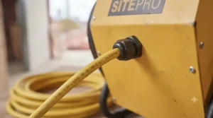 Durable high-visibility power cable connected to a 110V industrial fan heater.