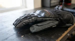 Cutaway view showing the soft fleece thermal lining and insulation inside a heated motorcycle glove.
