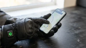 A rider using a smartphone touchscreen while wearing thermal heated motorcycle gloves.