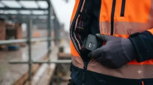 Close-up of a rechargeable battery pack being connected to a heated work jacket.