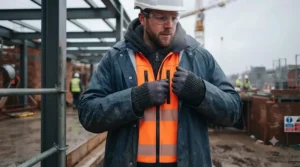 A builder wearing a heated jacket as a warm mid-layer beneath waterproof site gear.