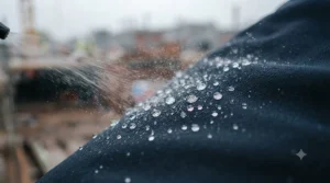 Water beading off the water-resistant outer shell of a heated jacket during a light British drizzle.