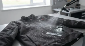Water-resistant outer shell of a budget heated motorcycle jacket withstanding British rain.