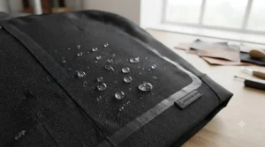 Water droplets beading off the durable, weatherproof outer shell material of a heated motorcycle jacket.
