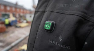 A detailed shot of water beading on the durable, waterproof fabric of a heated work jacket.