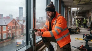 A worker wearing a hi-vis heated jacket in low-light, rainy conditions to ensure safety and warmth.