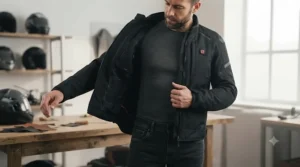 A biker layering a slim-line heated motorcycle jacket underneath an armoured textile riding jacket for winter commuting.