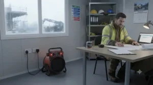 Sturdy, high-performance fan heater keeping a cold site office comfortable.