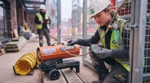 Propane heater maintaining a safe clearance distance from building materials.