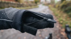 Adjustable velcro wrist cuff sealing out the cold wind on a heated winter cycling glove.