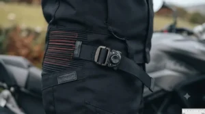 Adjustable stretch waist panels on thermal heated motorcycle trousers ensuring a secure, comfortable fit for touring.