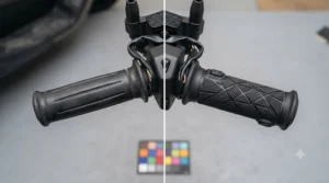 Comparison of standard rubber scooter handlebars versus newly fitted aftermarket heated grips.