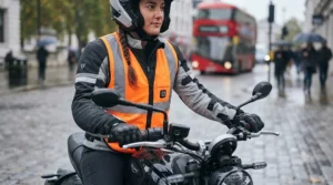Commuter on a commuter motorcycle in the UK wearing a high-visibility heated vest on a damp morning.