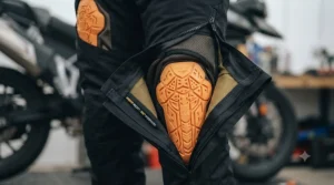 Removable CE-approved knee and hip armour fitted inside protective heated motorcycle trousers.