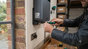 Step-by-step diagram showing the correct height and clearance for installing an electric garage heater safely on a brick wall.