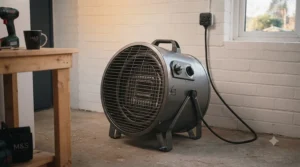 A portable electric garage heater featuring a digital thermostat display and sturdy safety guard.