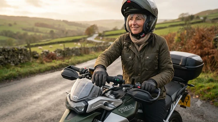 Motorcyclist's hands resting on handlebars equipped with heated motorcycle grips during a cold UK winter ride. heated motorcycle grips