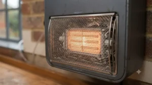 Detail view of the protective safety grille and ceramic heating element on a 240V workshop heater.