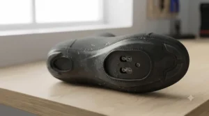 Reinforced sole and precise cleat cut-outs on heated cycling overshoes compatible with standard road bike pedal systems.
