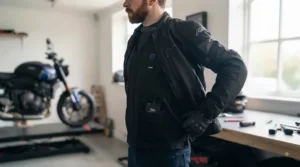Side profile of a rider demonstrating the flexible and snug fit of a heated motorcycle vest.