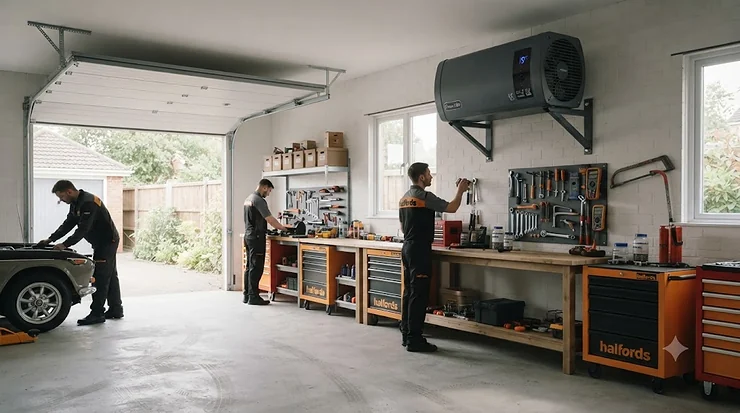 A high-capacity commercial wall-mounted electric garage heater installed in a large double garage used for vehicle maintenance. wall mounted electric garage heater