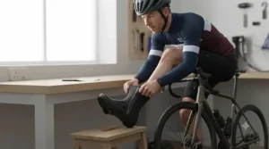 Road cyclist pulling on snug-fitting heated cycling overshoes before heading out for a training session on a frosty morning.