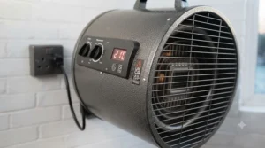 A heavy-duty electric garage heater suspended from a garage ceiling to maximise floor space.
