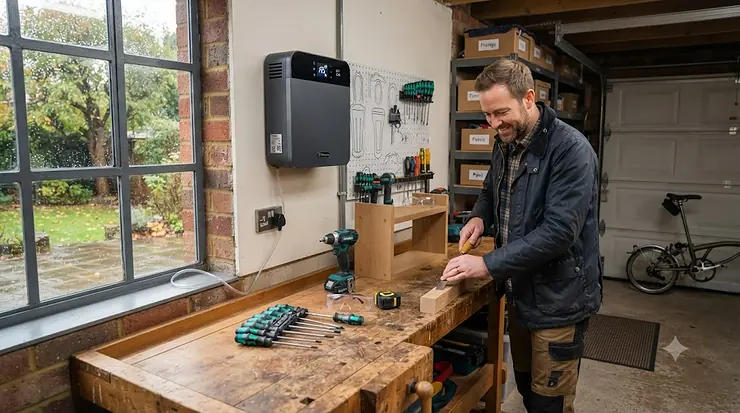 A compact electric garage heater mounted on the wall of a tidy British workshop, keeping the workspace warm during winter. electric garage heater for small workshop