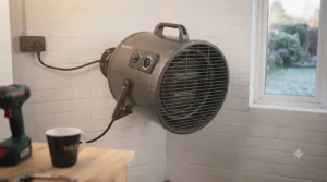 A heavy-duty industrial electric garage heater warming a DIY woodworking shed on a cold day.