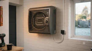 A white electric garage heater securely mounted on a brick wall inside a domestic single garage.