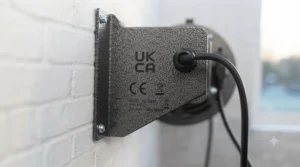 A close-up view of an electric garage heater showing its cool-touch casing and overheat protection grille.