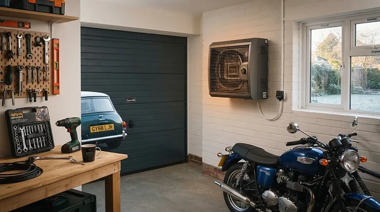 A wall-mounted electric garage heater in a modern UK workshop, providing reliable space heating during winter. electric garage heater