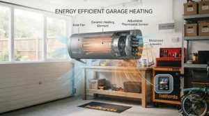 Infographic diagram illustrating how a fan-forced wall-mounted electric garage heater efficiently circulates warm air around tools and workbench areas.