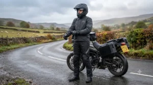 Flat lay view of waterproof heated motorcycle trousers displaying pockets, stretch panels, and thermal layers.