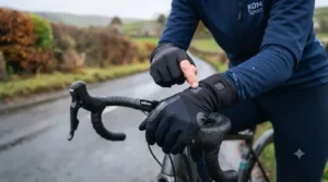 Close-up of a rechargeable lithium-ion battery neatly zipped inside the cuff of a heated cycling glove for cold hands