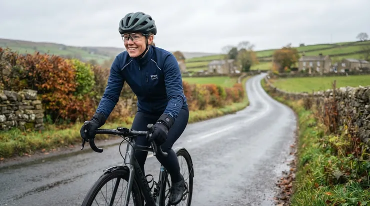 Cyclist wearing black heated cycling gloves on a frosty morning ride in the British countryside to manage Raynaud's symptoms heated cycling gloves for Raynaud's