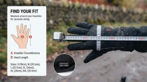 Sizing chart infographic showing how to measure hand width for heated cycling gloves.