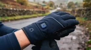 LED heat setting button on the back of a black heated cycling glove.