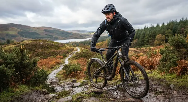 Male mountain biker wearing a black heated cycling jacket while riding down a muddy trail in the Peak District, UK. heated cycling jacket for mountain biking