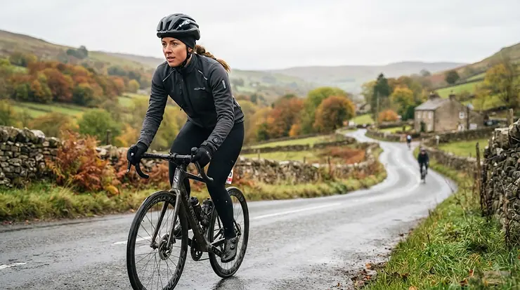 Cyclist wearing a heated cycling jacket on a crisp morning ride through the British countryside. heated cycling jacket for road cyclists