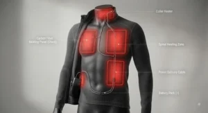Diagram showing carbon fibre heating zones across the chest and back of a heated cycling jacket