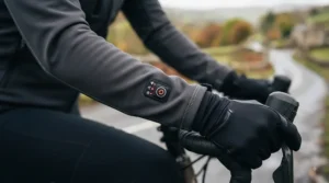 Close-up of the control button showing multi-level temperature settings on a heated cycling jacket for road cyclists.