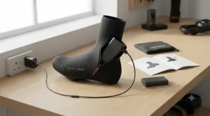 Close-up of the rechargeable battery pack and concealed heating elements on heated cycling overshoes for road cyclists.