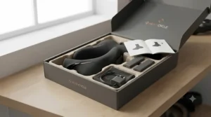 Unboxed heated cycling overshoes laid out with dual rechargeable lithium-ion batteries, mains charger, and user manual.