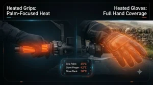 Diagram comparing heat distribution showing heated grips warming palms only, while heated motorcycle gloves cover the entire hand and fingers.