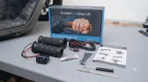 Complete retail box contents for scooter heated grips including wiring loom, switch, bracket, and glue.