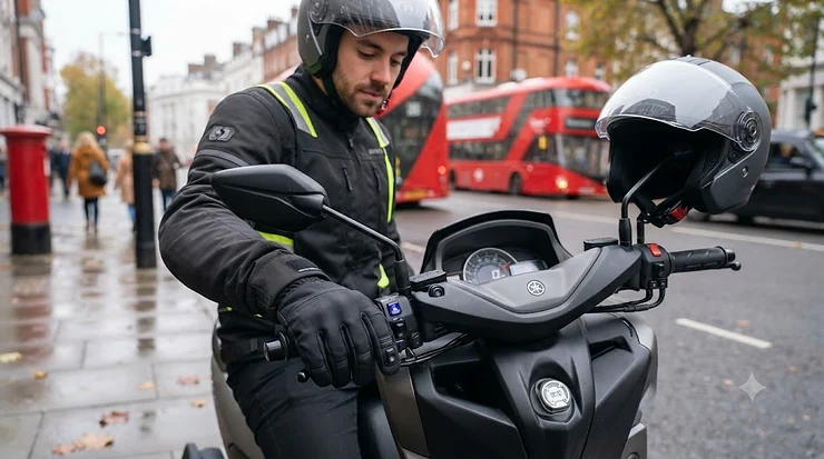 Black heated grips for scooters installed on urban commuter handlebars for cold-weather riding in the UK. heated grips for scooters
